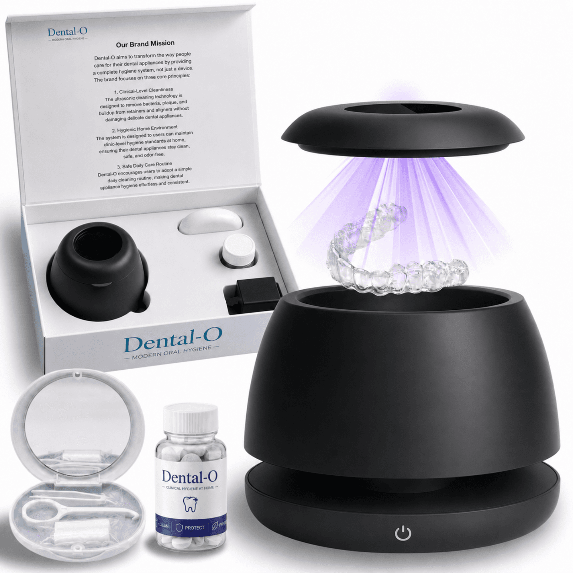 DENTAL-O Premium Ultrasonic Retainer Cleaner, Split Tank Design & 4 UV Lights, 42–47kHz Technology for Retainers, Aligners, Dentures & Mouth Guards(black)