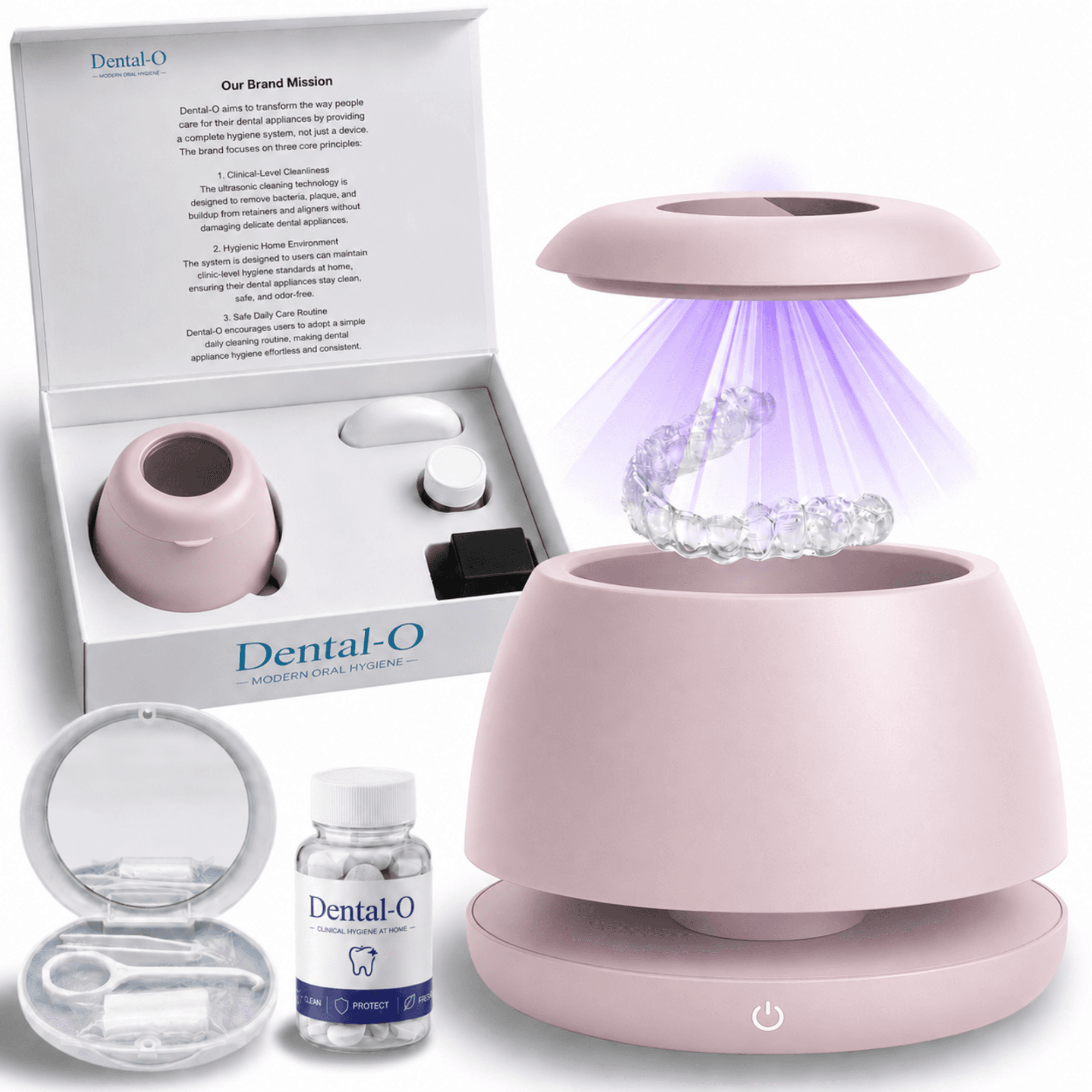 DENTAL-O Premium Ultrasonic Retainer Cleaner, Split Tank Design & 4 UV Lights, 42–47kHz Technology for Retainers, Aligners, Dentures & Mouth Guards(pink)