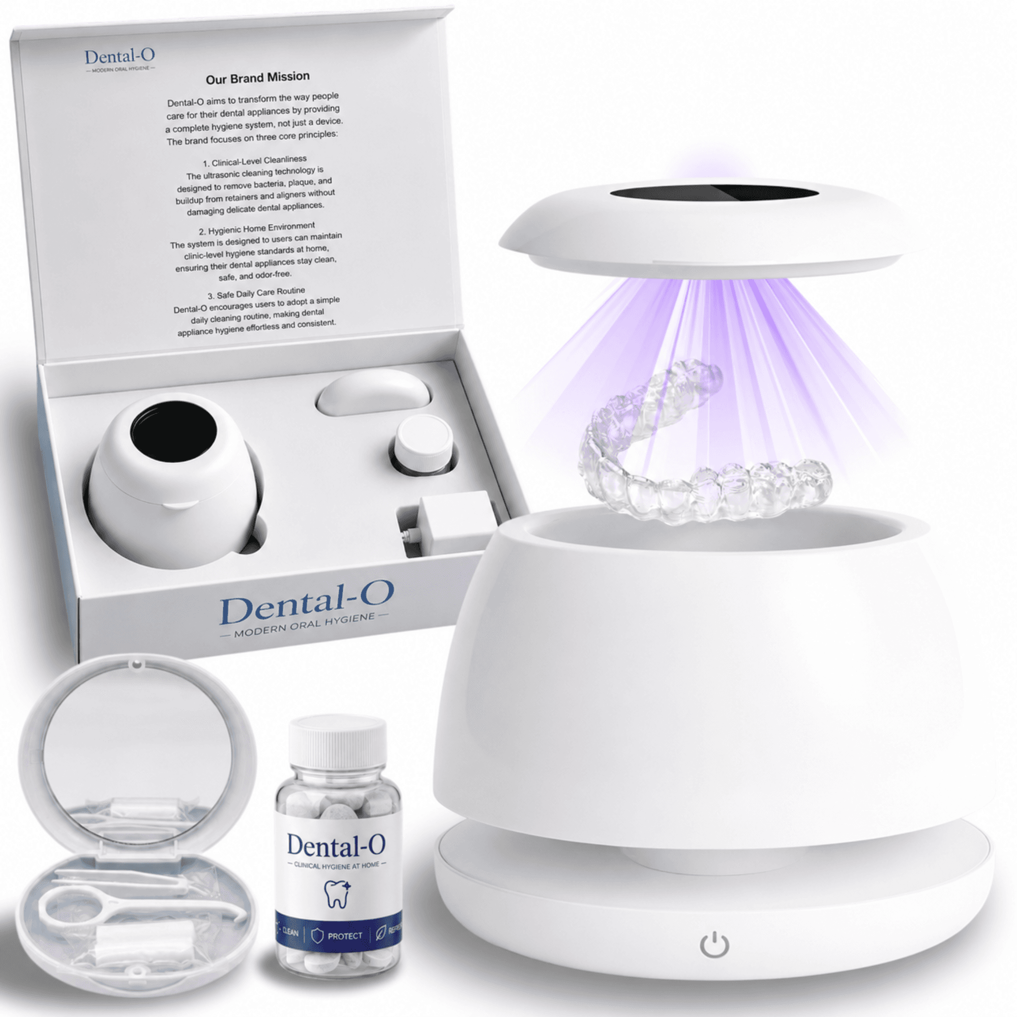 DENTAL-O Premium Ultrasonic Retainer Cleaner, Split Tank Design & 4 UV Lights, 42–47kHz Technology for Retainers, Aligners, Dentures & Mouth Guards(White)